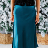 Teal Satin Slip Midi Skirt