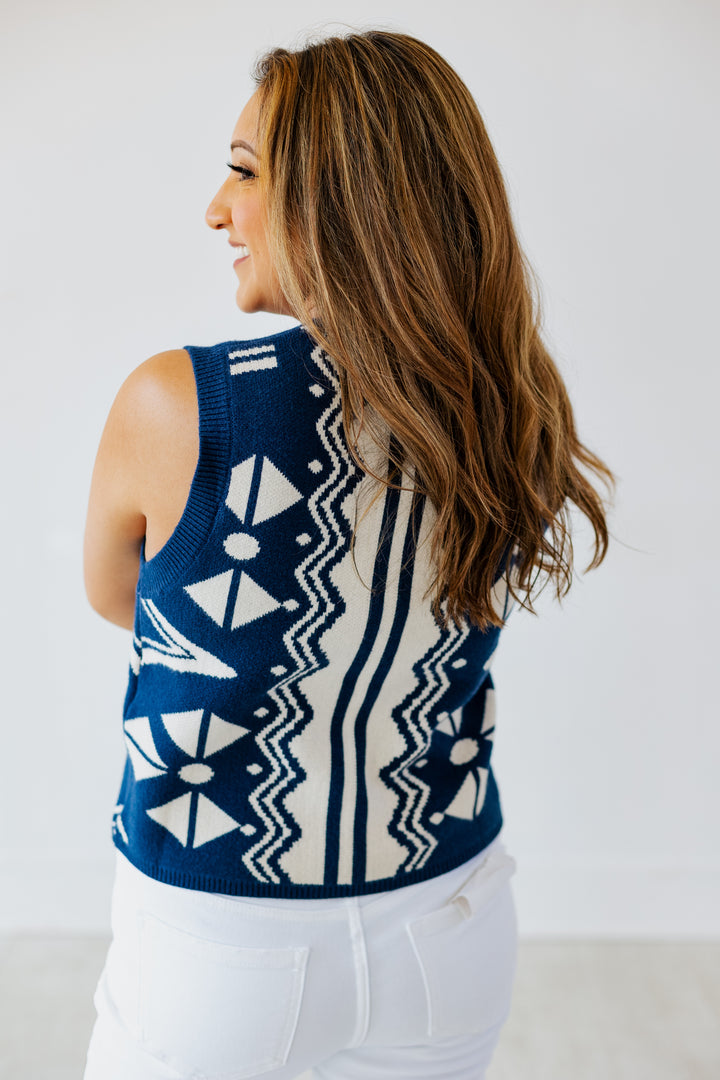 NATALIE SLEEVELESS NAVY PRINT SWEATER