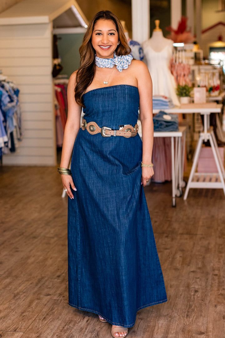 STRAPLESS DENIM MAXI DRESS