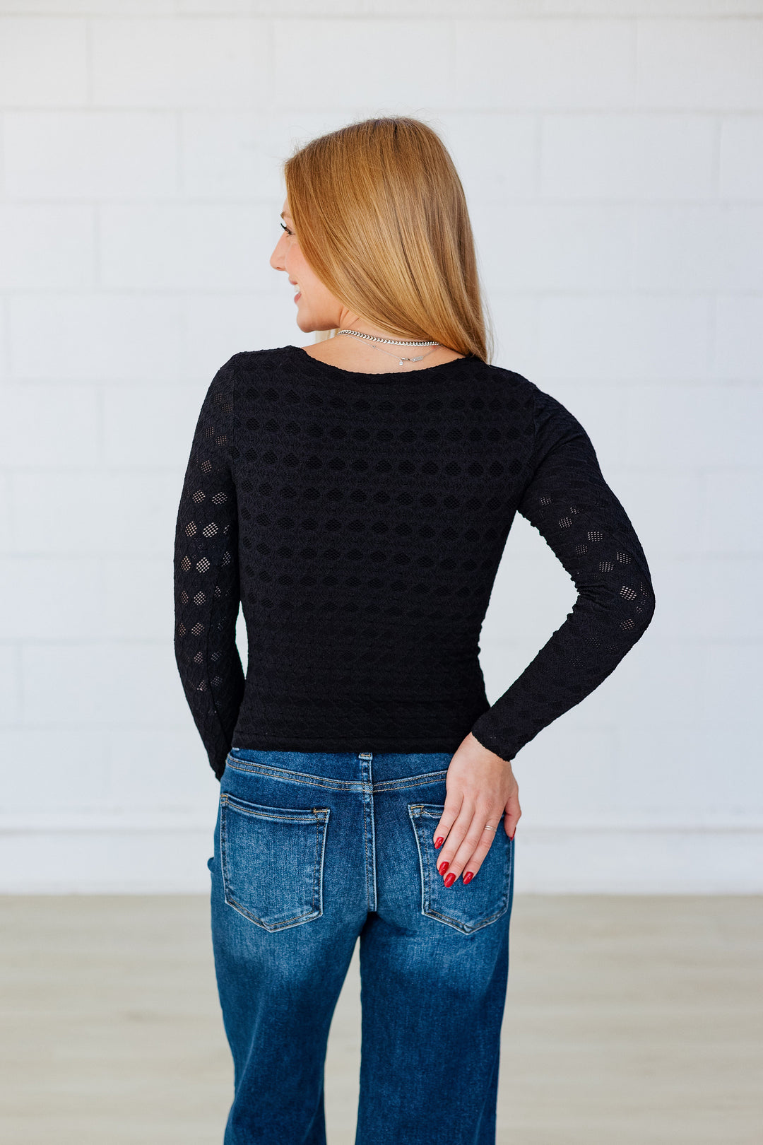 NIKIBIKI: LACE TEXTURE SQUARE NECK L/S TOP- BLACK