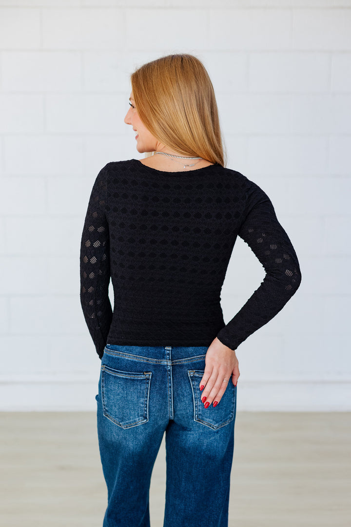 NIKIBIKI: LACE TEXTURE SQUARE NECK L/S TOP- BLACK