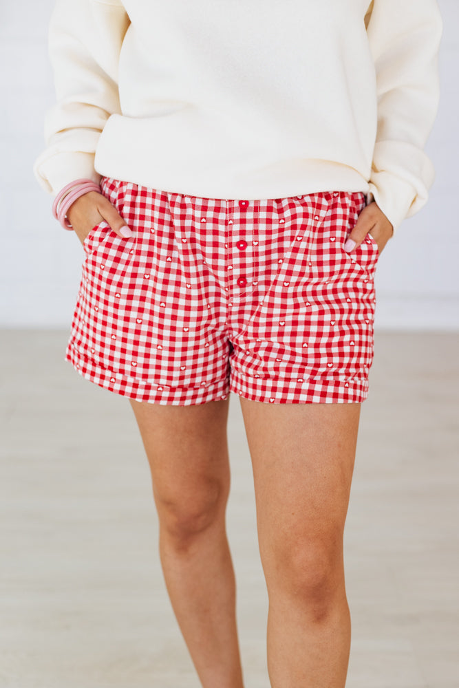 HEART GINGHAM BOXER SHORT- RED