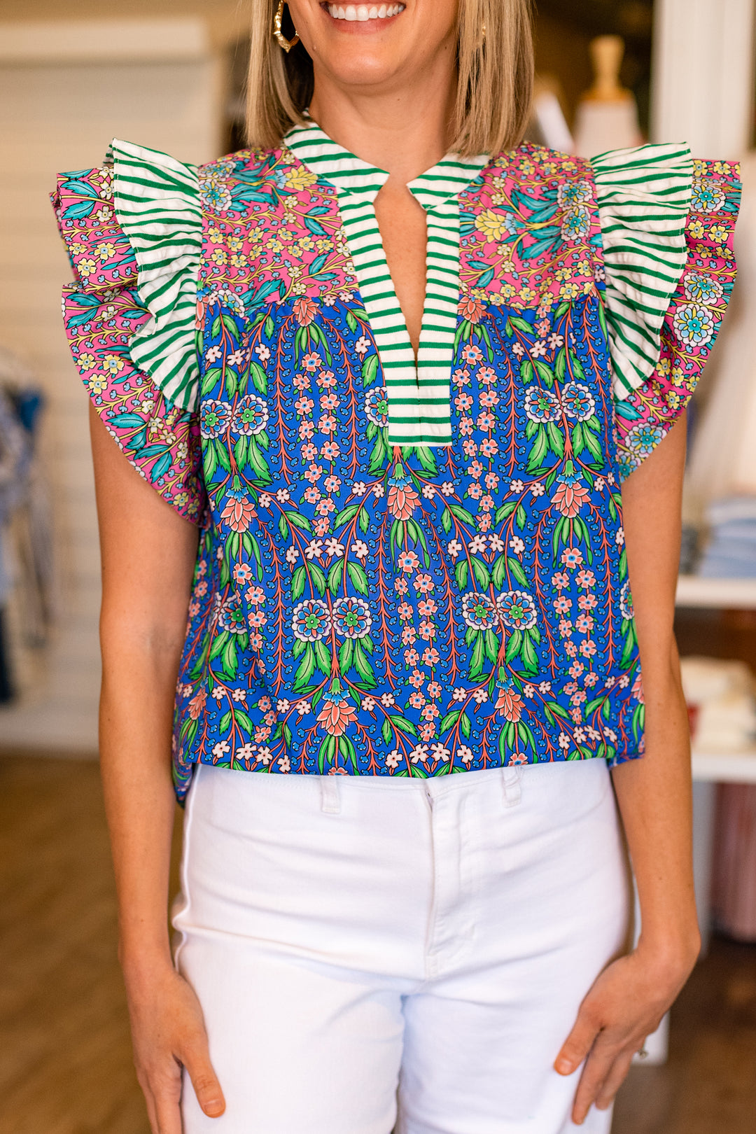 MIXED PRINT RUFFLE SLEEVE BLOUSE