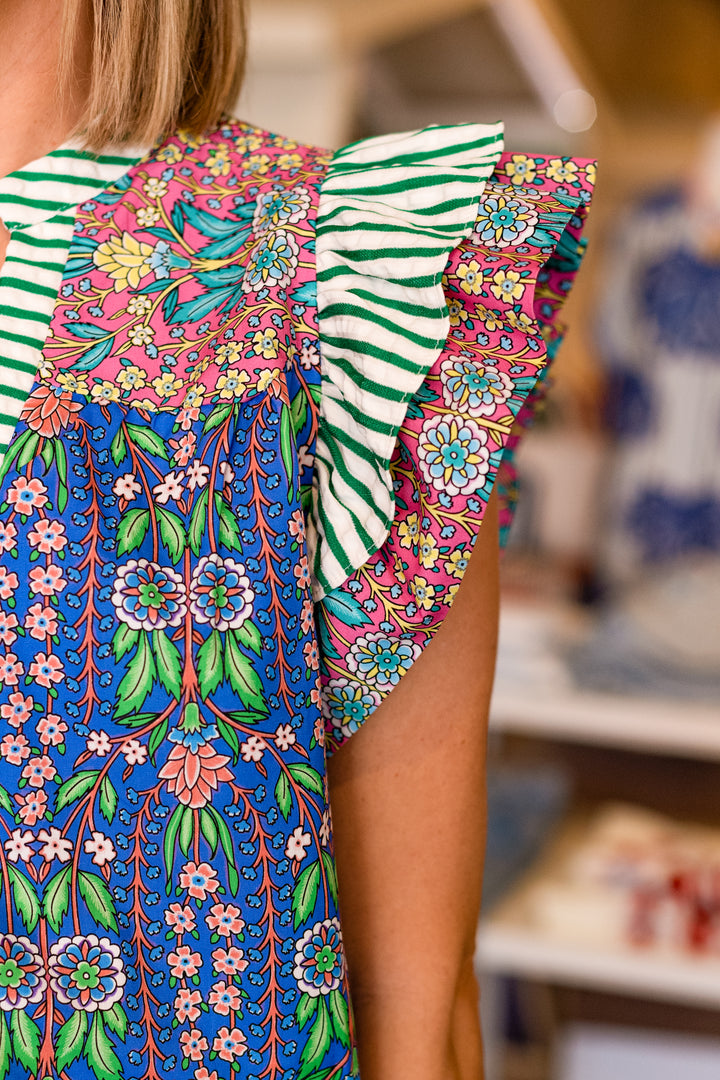 MIXED PRINT RUFFLE SLEEVE BLOUSE