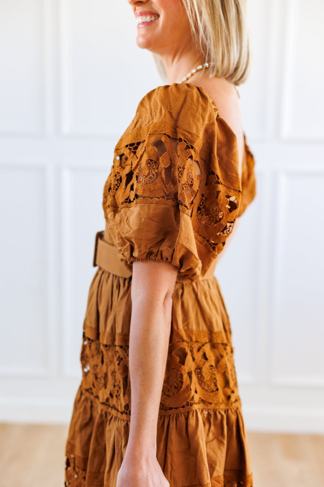 LACE TRIM BELTED MINI DRESS