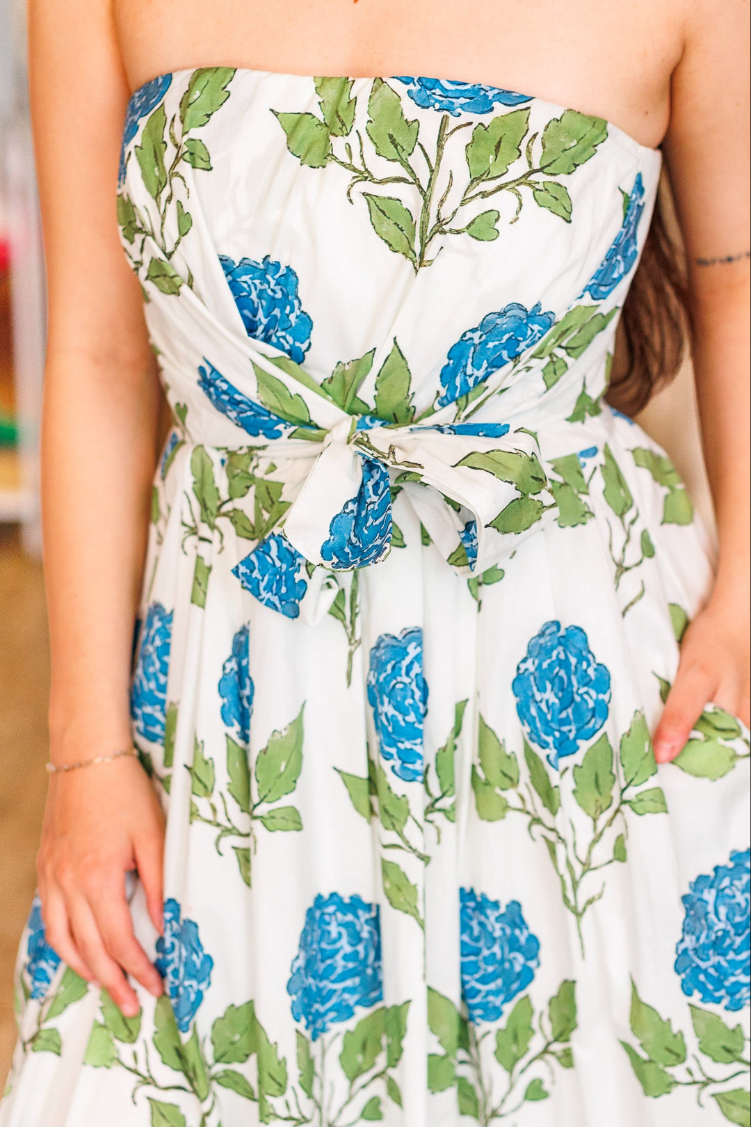 Blue Hydrangea Floral Tie Front Strapless Midi Dress
