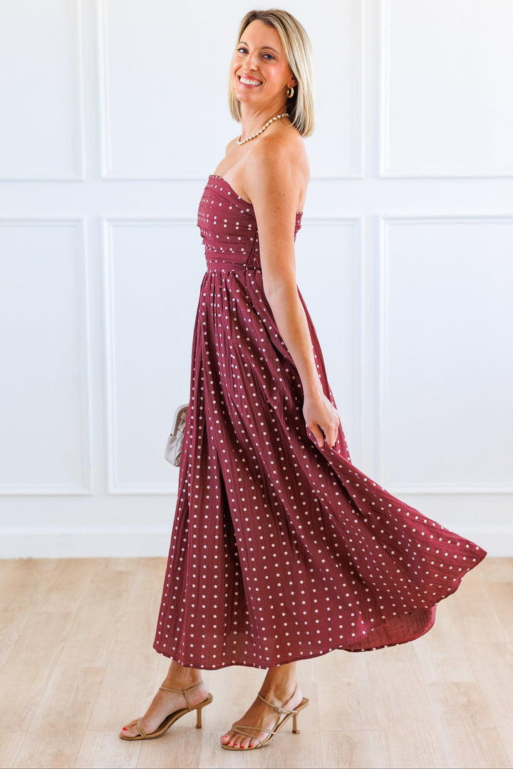 DEEP MAUVE CREAM POLKA DOT MIDI DRESS