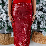 Deep Red Sequin Midi Skirt