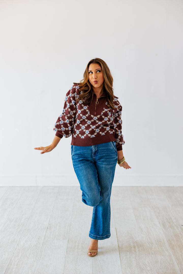 CHOCOLATE HALF ZIP PRINT SWEATER