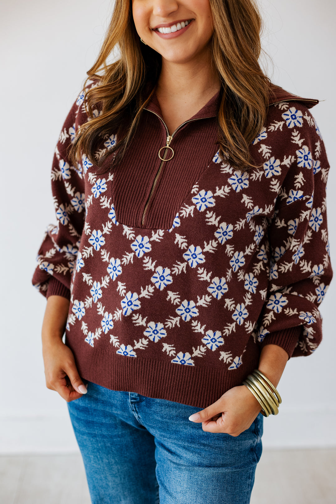 CHOCOLATE HALF ZIP PRINT SWEATER