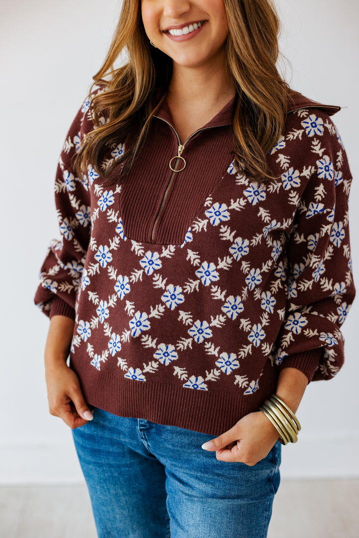 CHOCOLATE HALF ZIP PRINT SWEATER