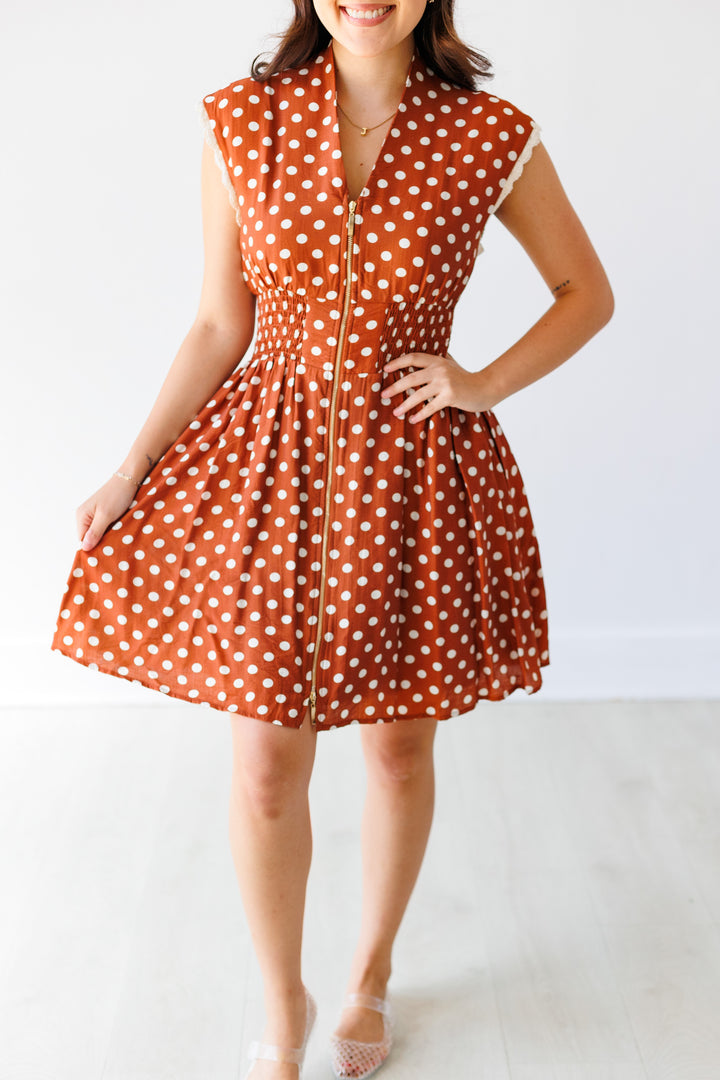 BROWN POLKA DOT ZIP UP DRESS