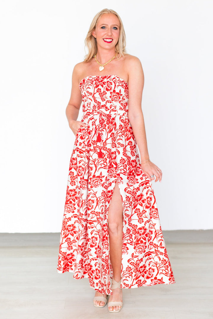ROSIE RED FLORAL STRAPLESS MAXI DRESS
