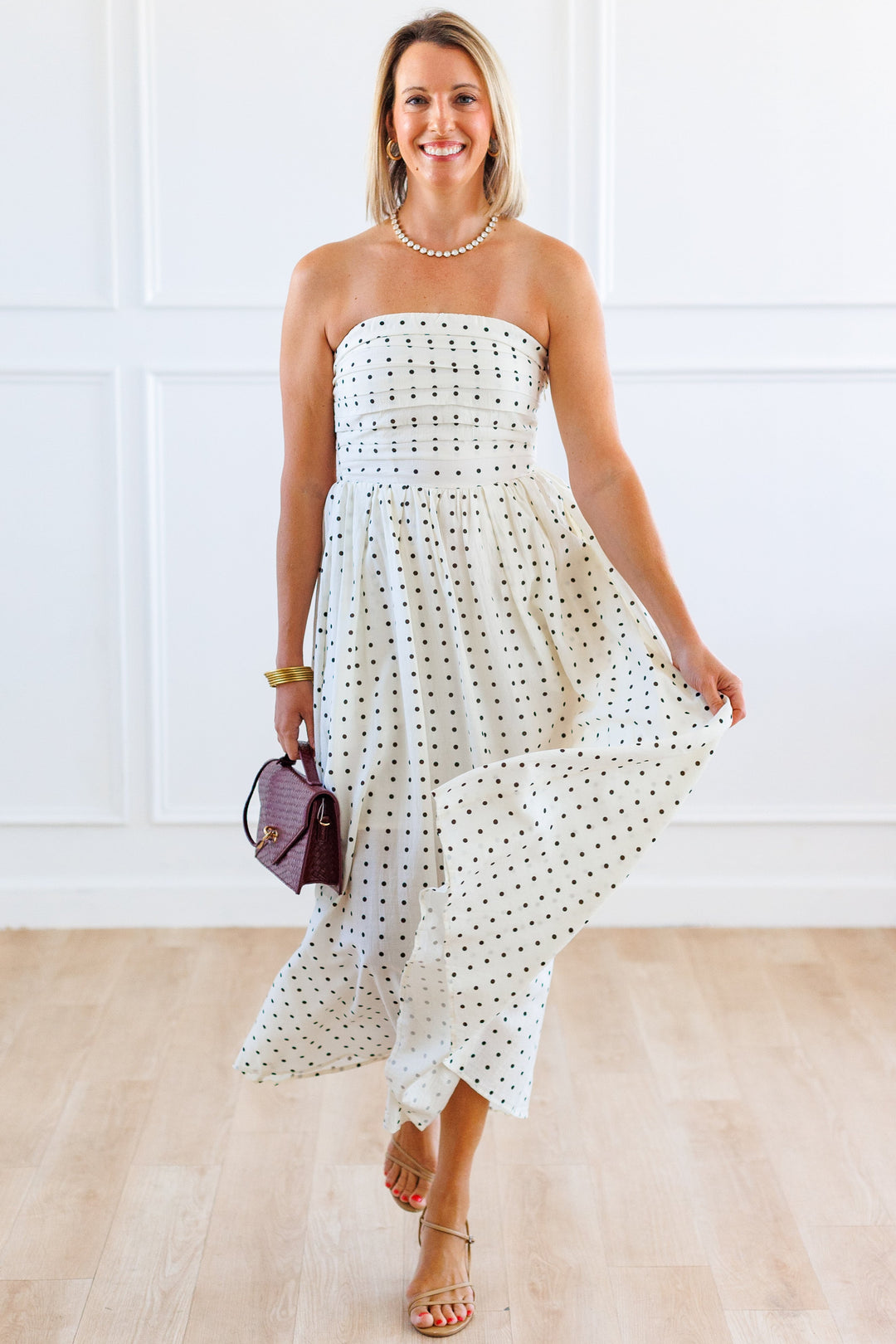 BROWN CREAM POLKA DOT MIDI DRESS