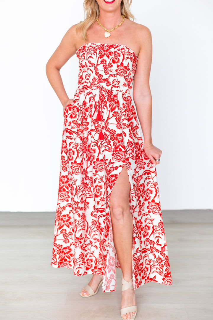 ROSIE RED FLORAL STRAPLESS MAXI DRESS