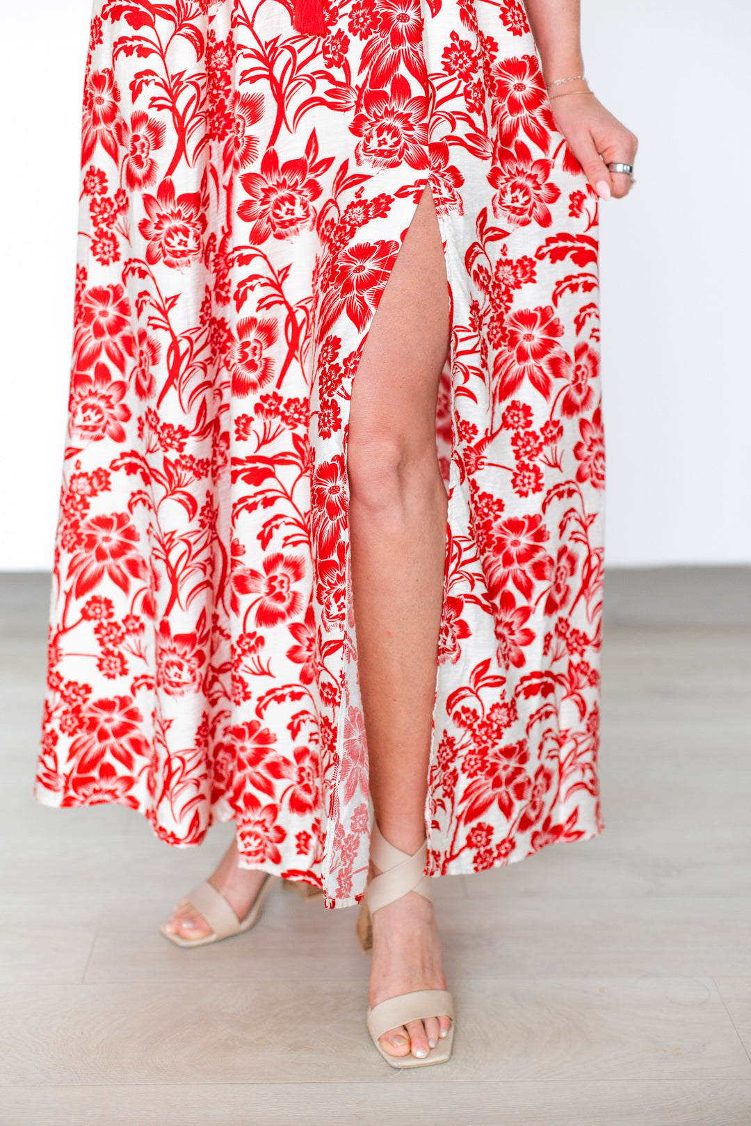 ROSIE RED FLORAL STRAPLESS MAXI DRESS