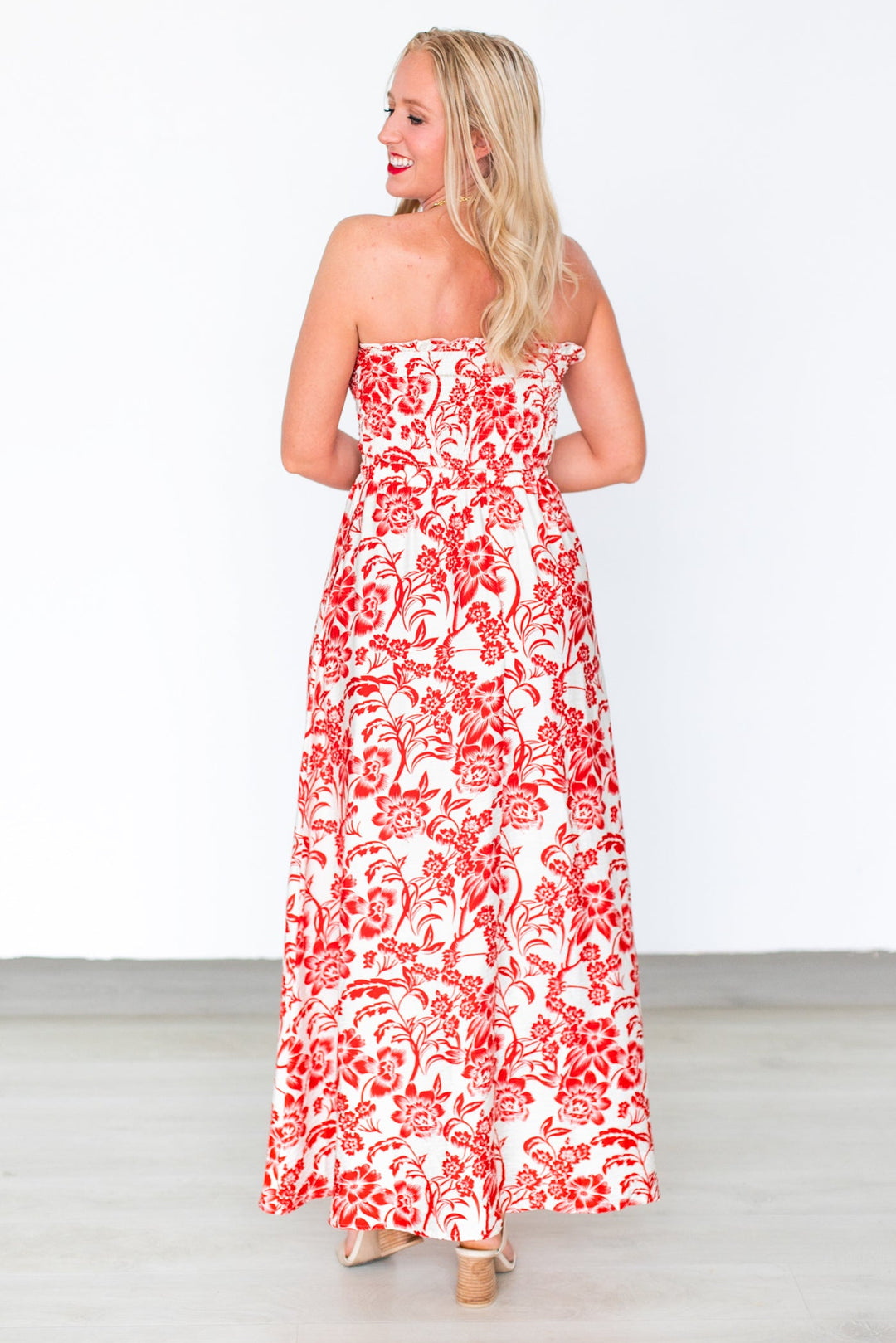 ROSIE RED FLORAL STRAPLESS MAXI DRESS
