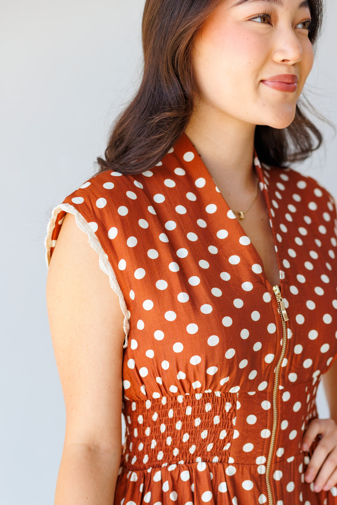 BROWN POLKA DOT ZIP UP DRESS