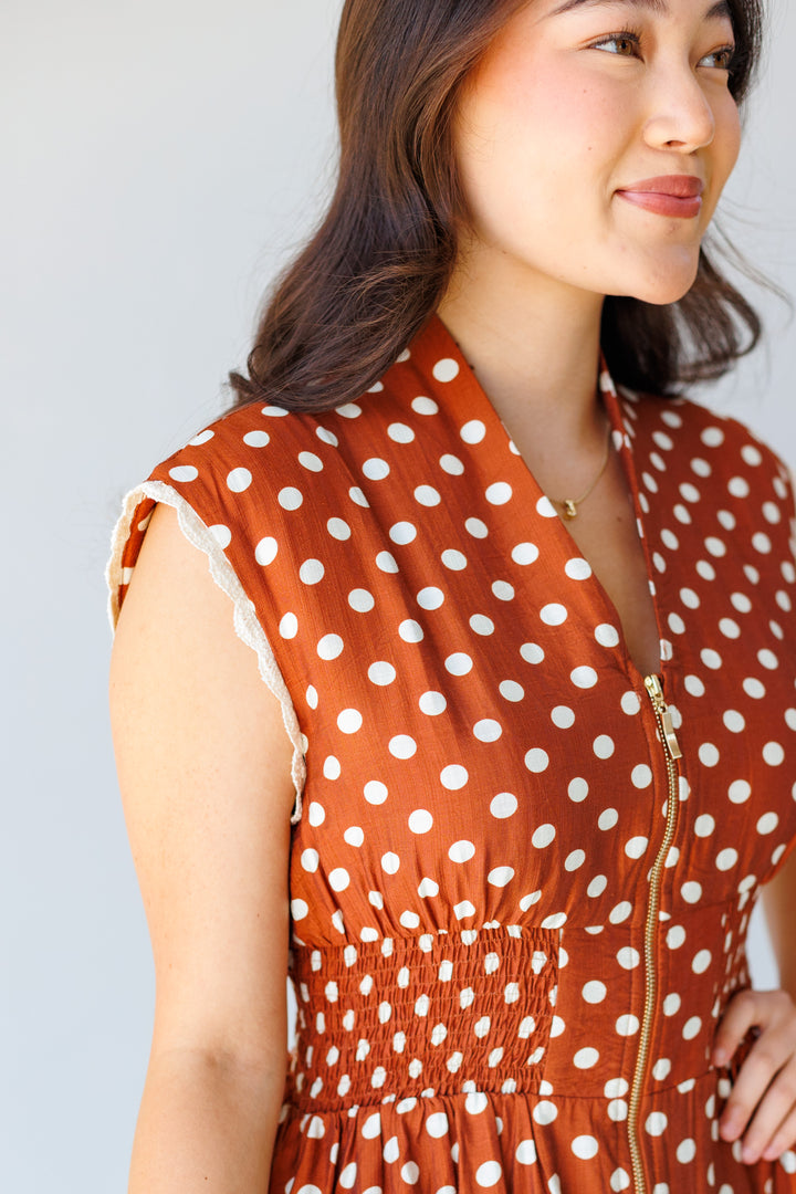 BROWN POLKA DOT ZIP UP DRESS