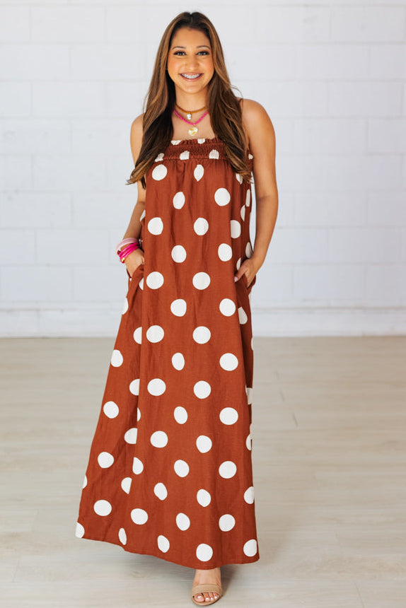 BETHANY Brown POLKA DOT MAXI DRESS Brown / L BETHANY Brown POLKA DOT MAXI DRESS Brown / L