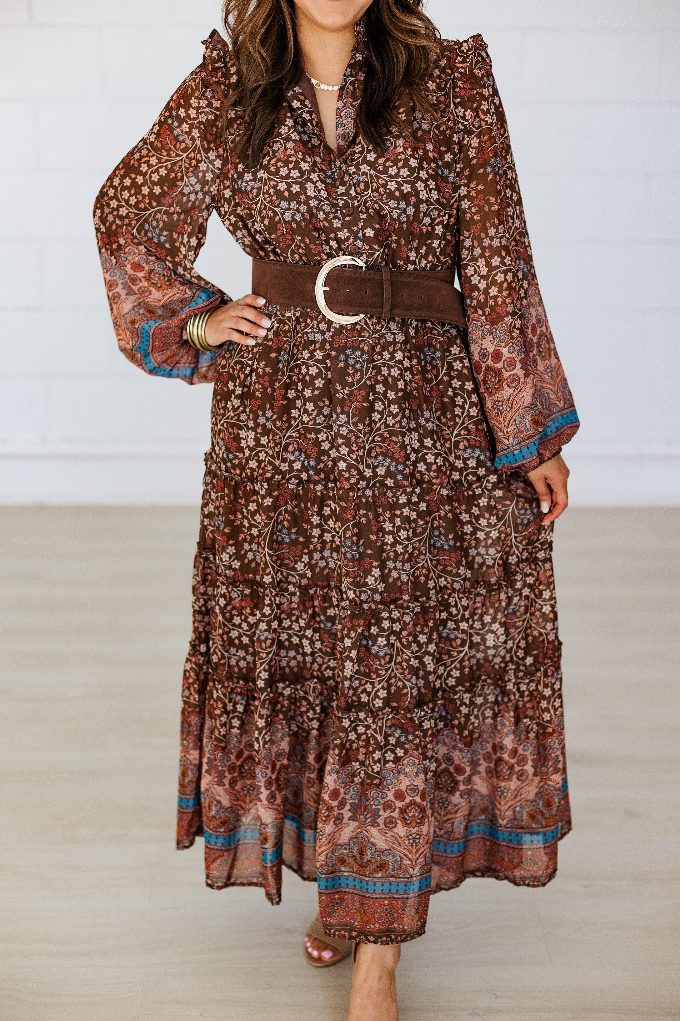 BROWN FLORAL CHIFFON TIERED MAXI DRESS – The Palm Tree Boutique