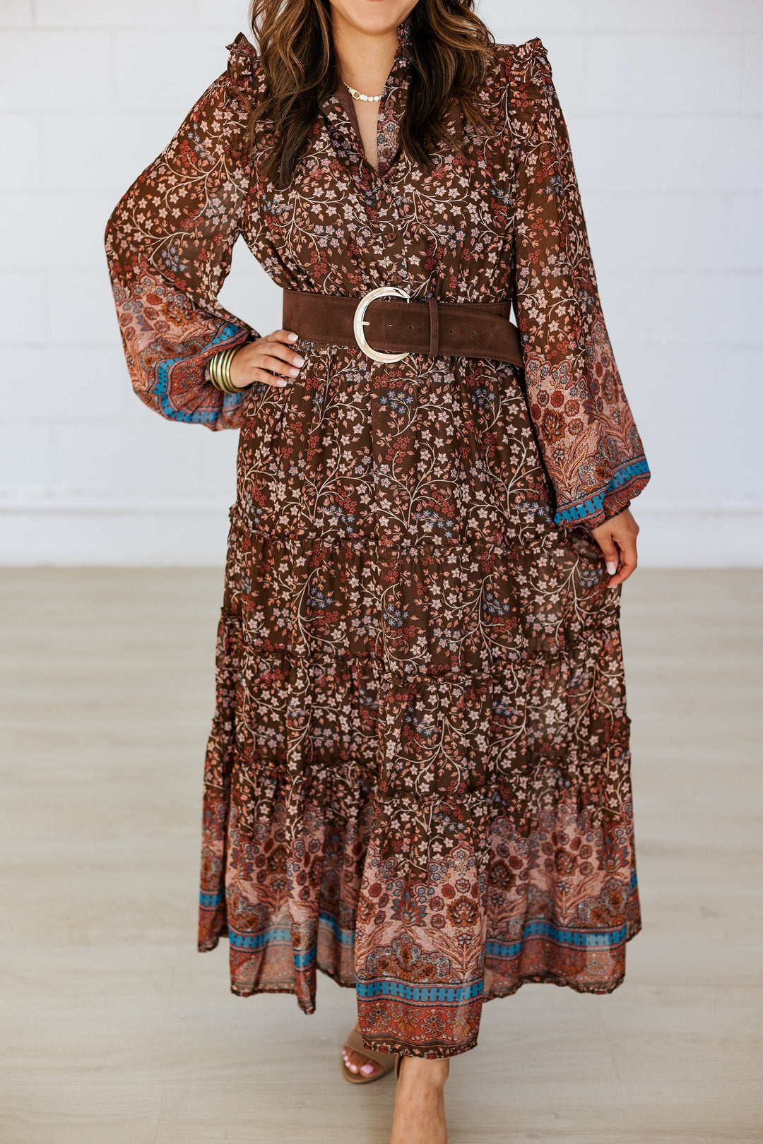 BROWN FLORAL CHIFFON TIERED MAXI DRESS