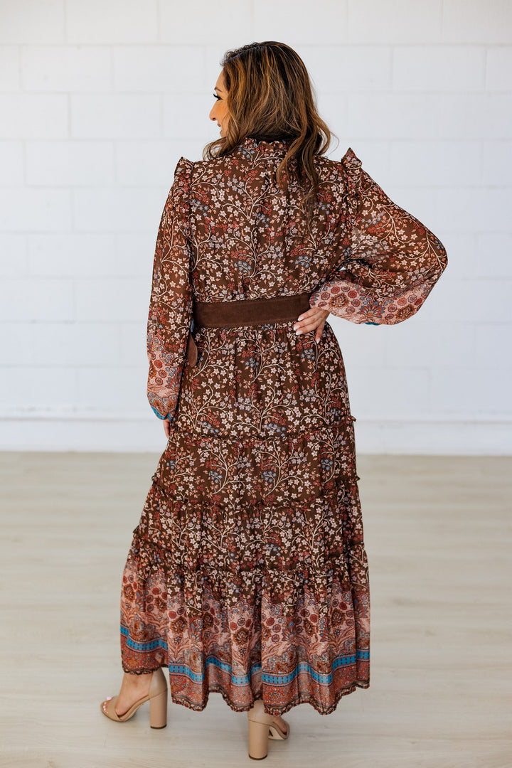 BROWN FLORAL CHIFFON TIERED MAXI DRESS