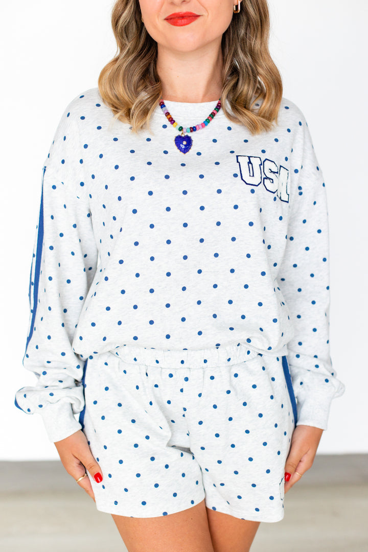 NAVY POLKA DOT USA SWEATSHIRT
