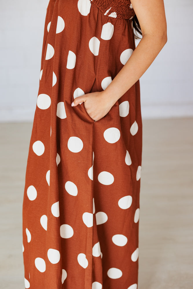 brown polka dot maxi dress BETHANY Brown POLKA DOT MAXI DRESS Brown / L