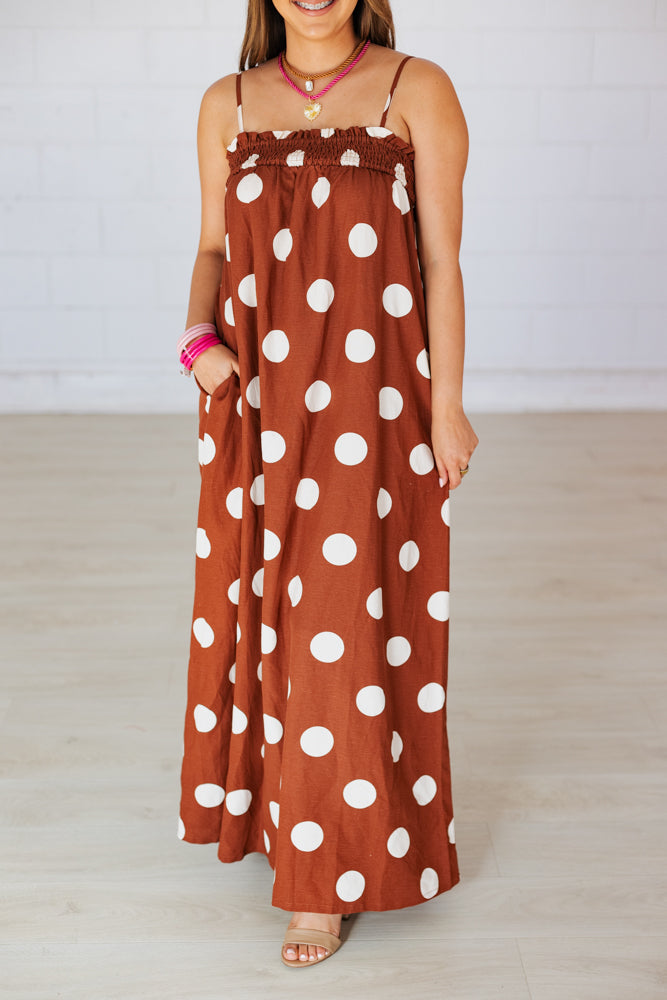 BETHANY BROWN POLKA DOT MAXI DRESS