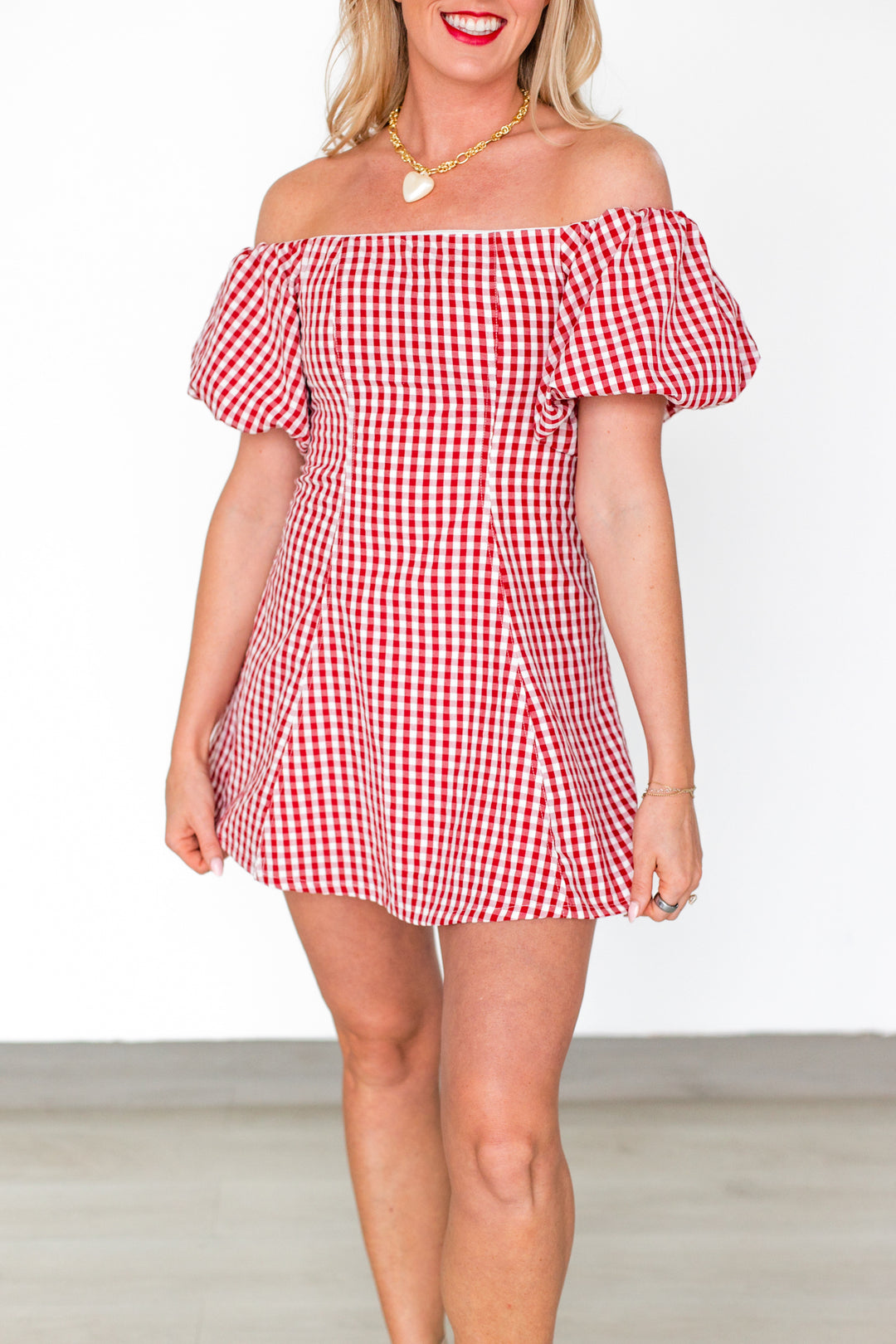 RED GINGHAM OFF SHOULDER MINI DRESS
