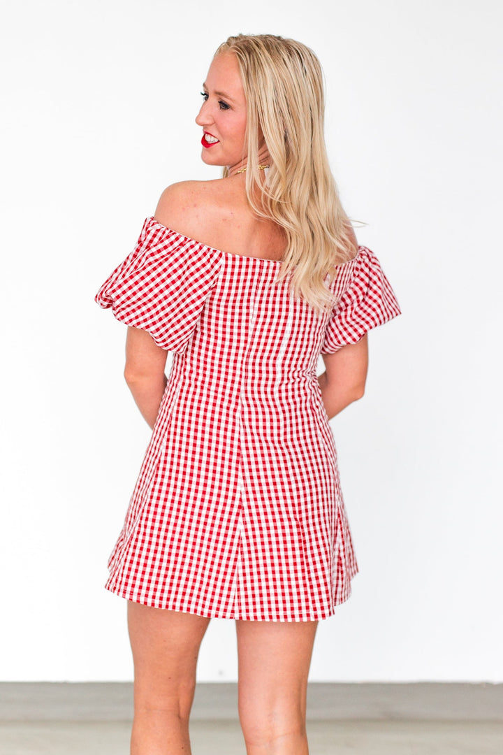RED GINGHAM OFF SHOULDER MINI DRESS