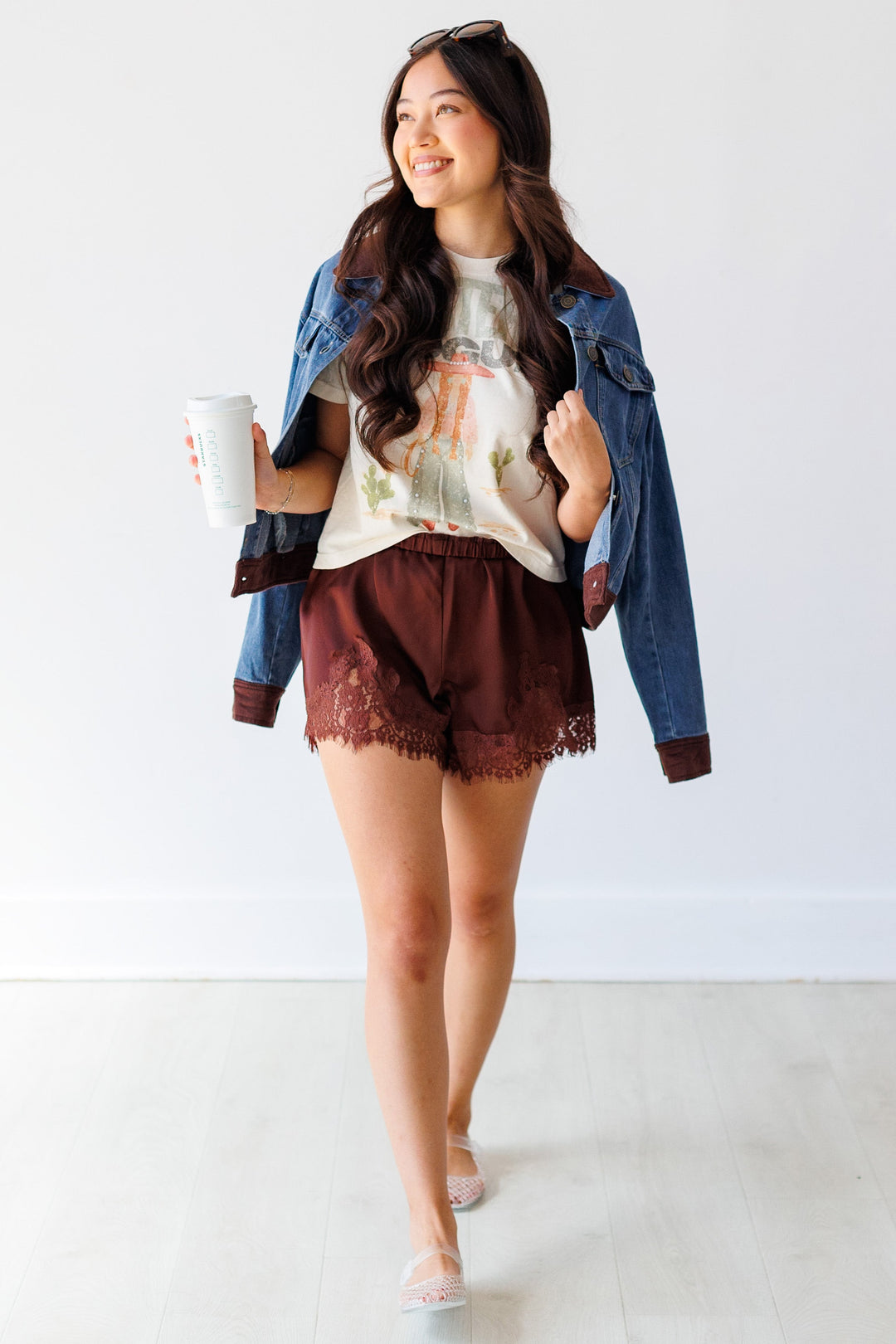 CHOCOLATE SATIN LACE TRIM SHORT