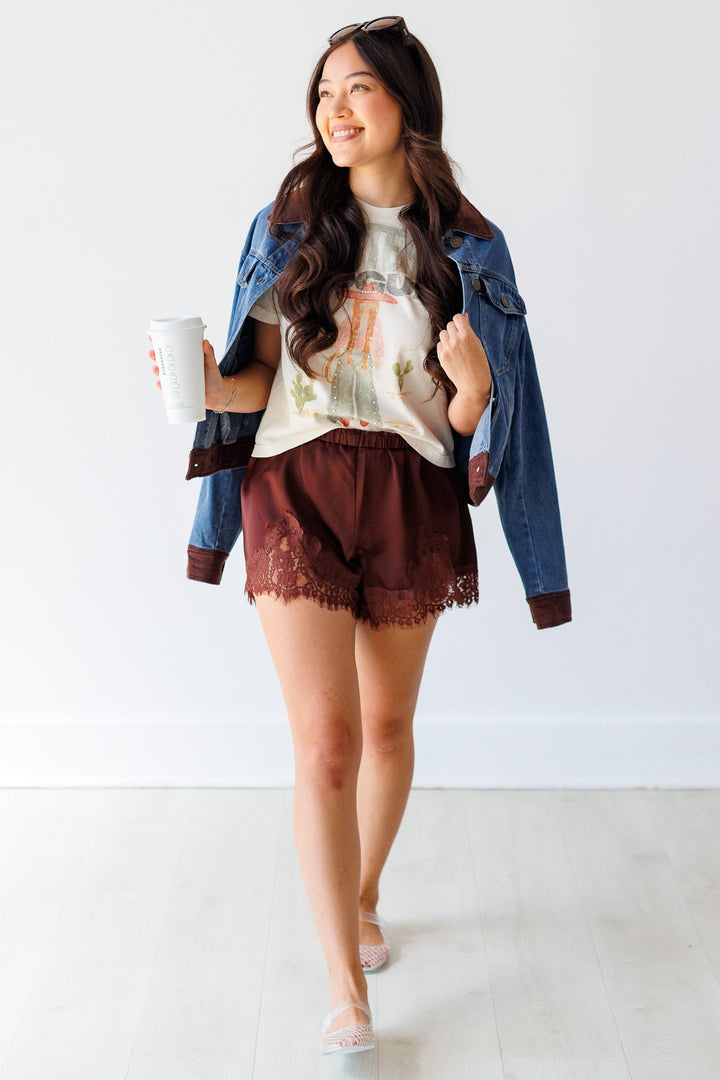 CHOCOLATE SATIN LACE TRIM SHORT