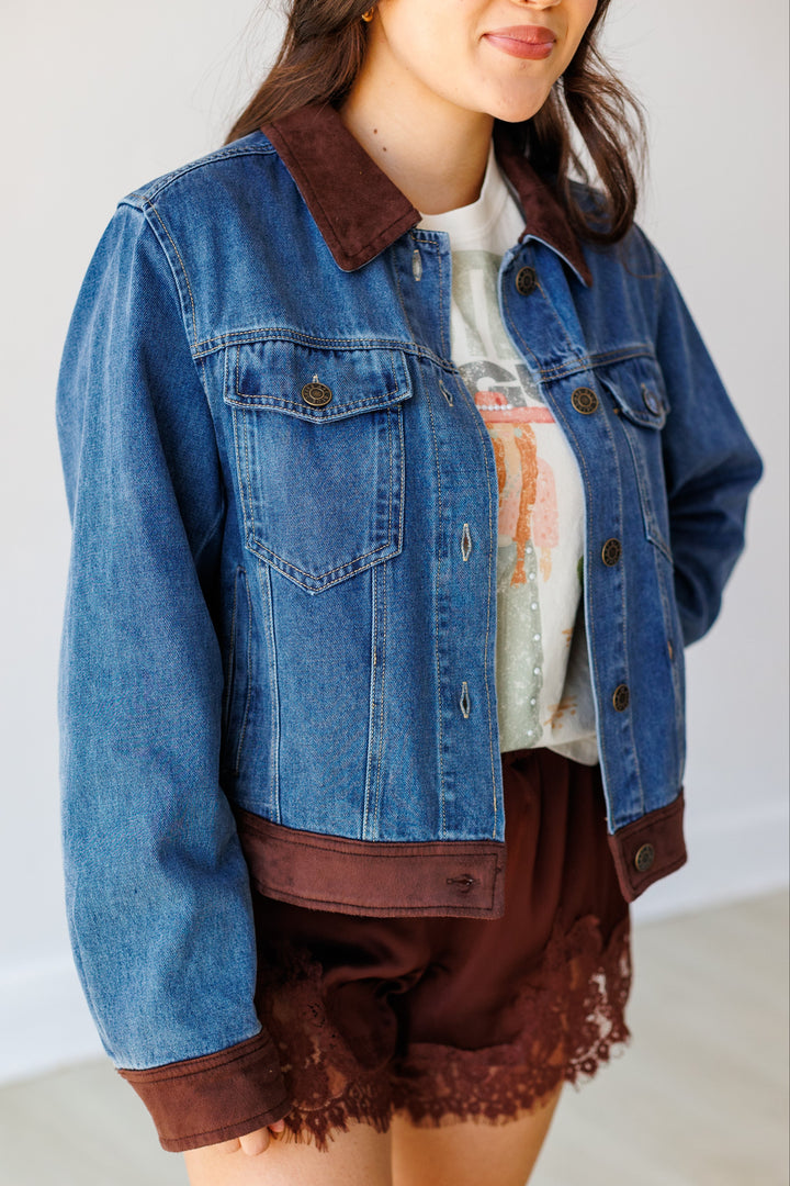FAUX SUEDE CONTRAST DENIM JACKET