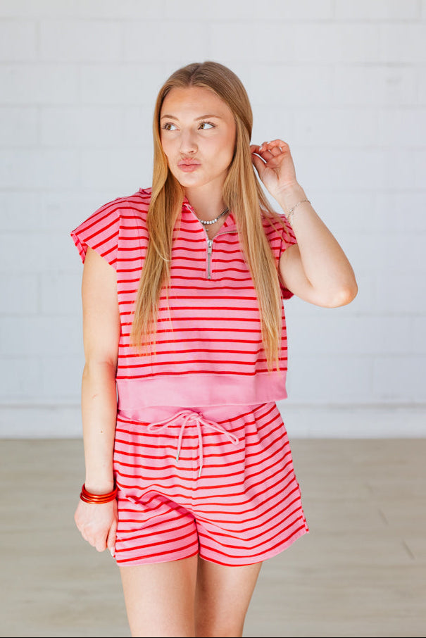 PINK & RED POPPY STRIPE LOUNGE SHORT