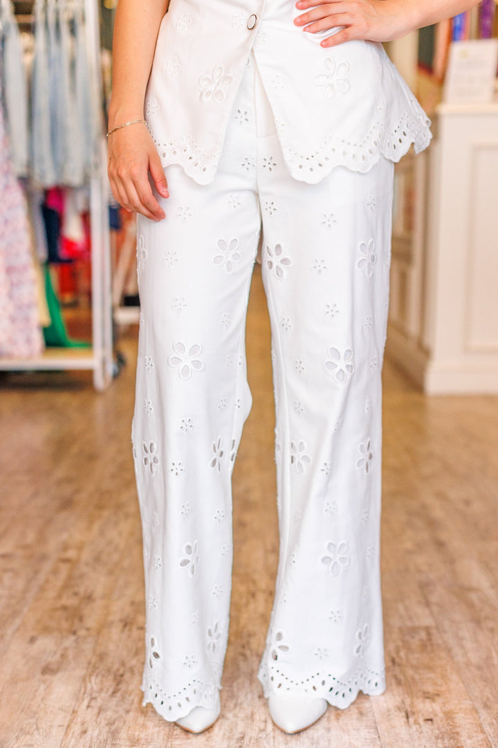 EMBROIDERED EYELET WIDE LEG PANT
