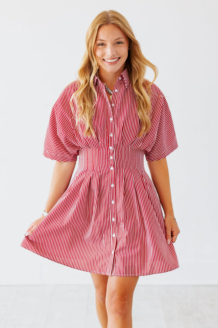 RED PLEATED STRIPED MINI DRESS