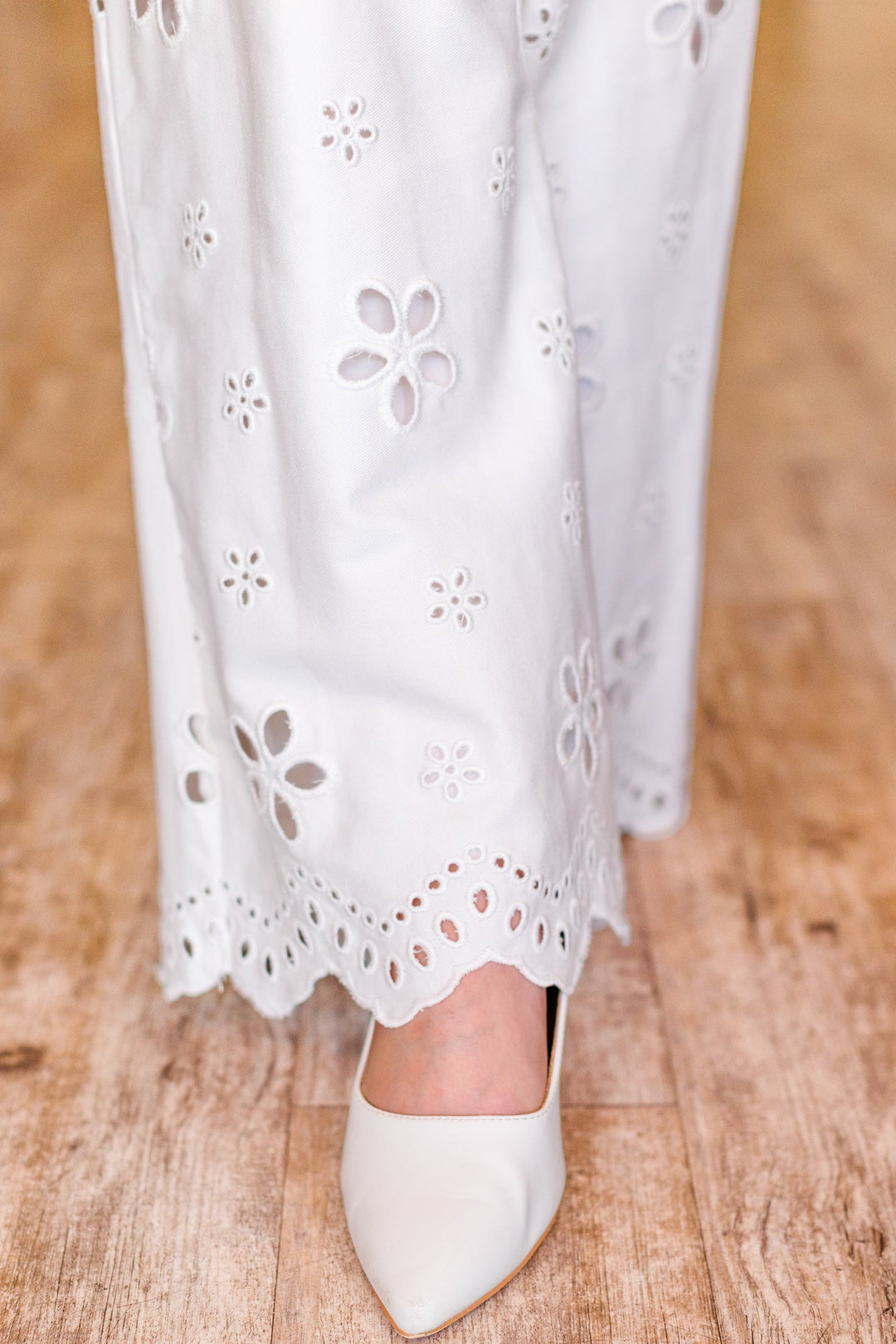 EMBROIDERED EYELET WIDE LEG PANT