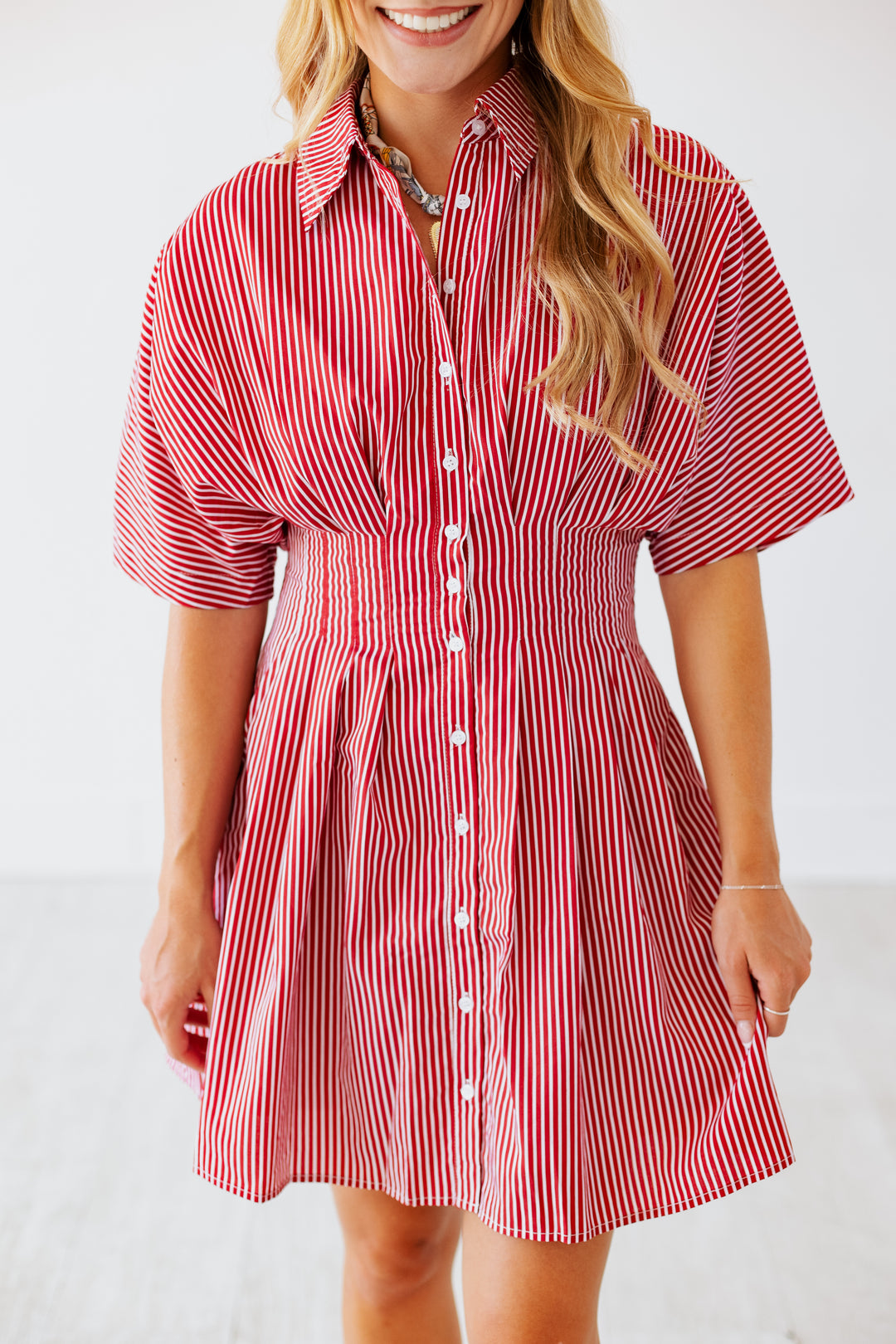 RED PLEATED STRIPED MINI DRESS