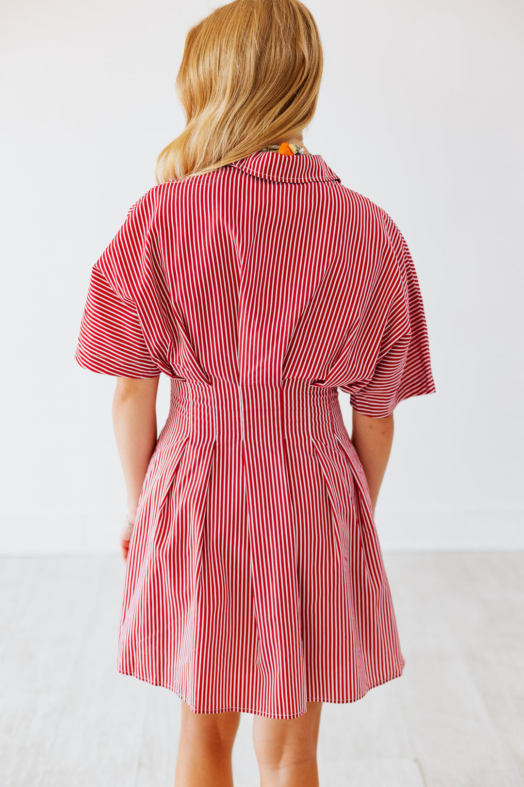 RED PLEATED STRIPED MINI DRESS