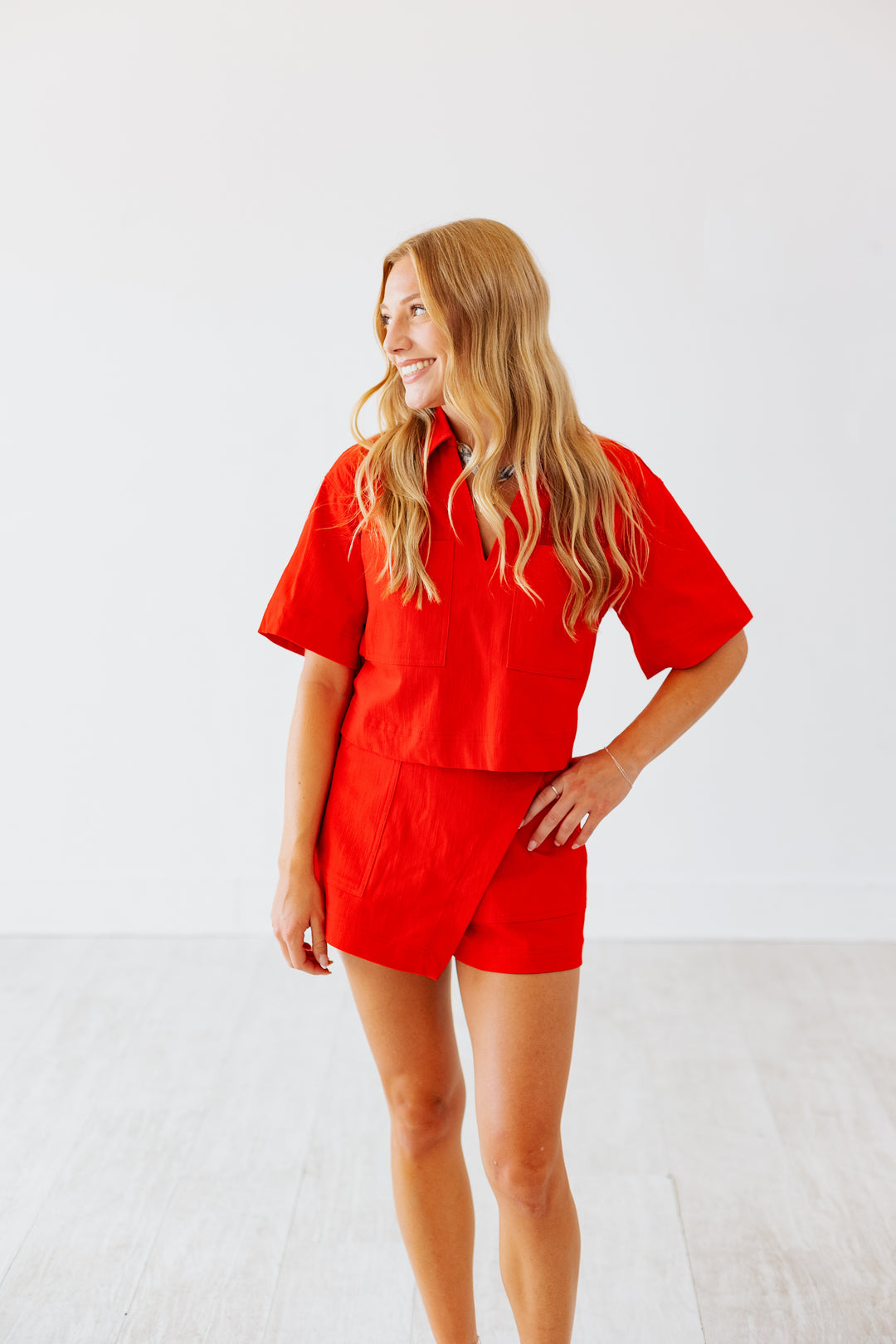 CHERRY RED DENIM POCKET TOP