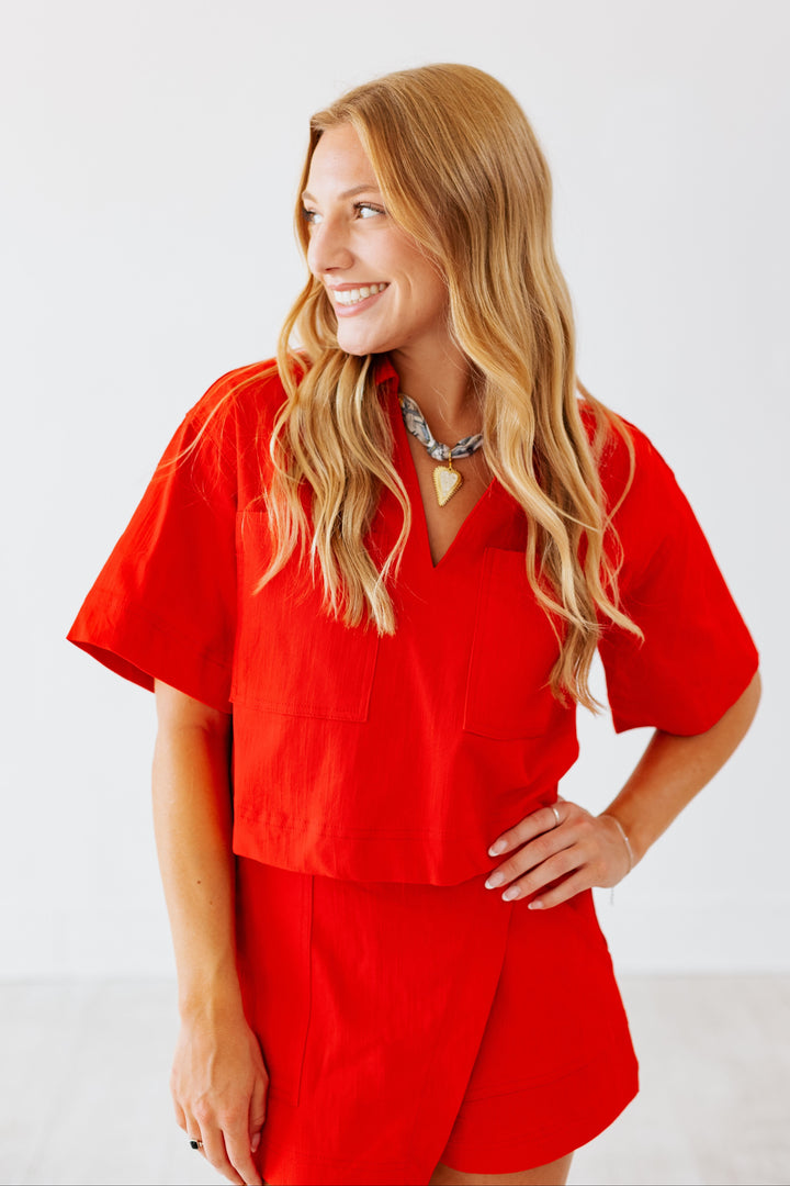 CHERRY RED DENIM POCKET TOP