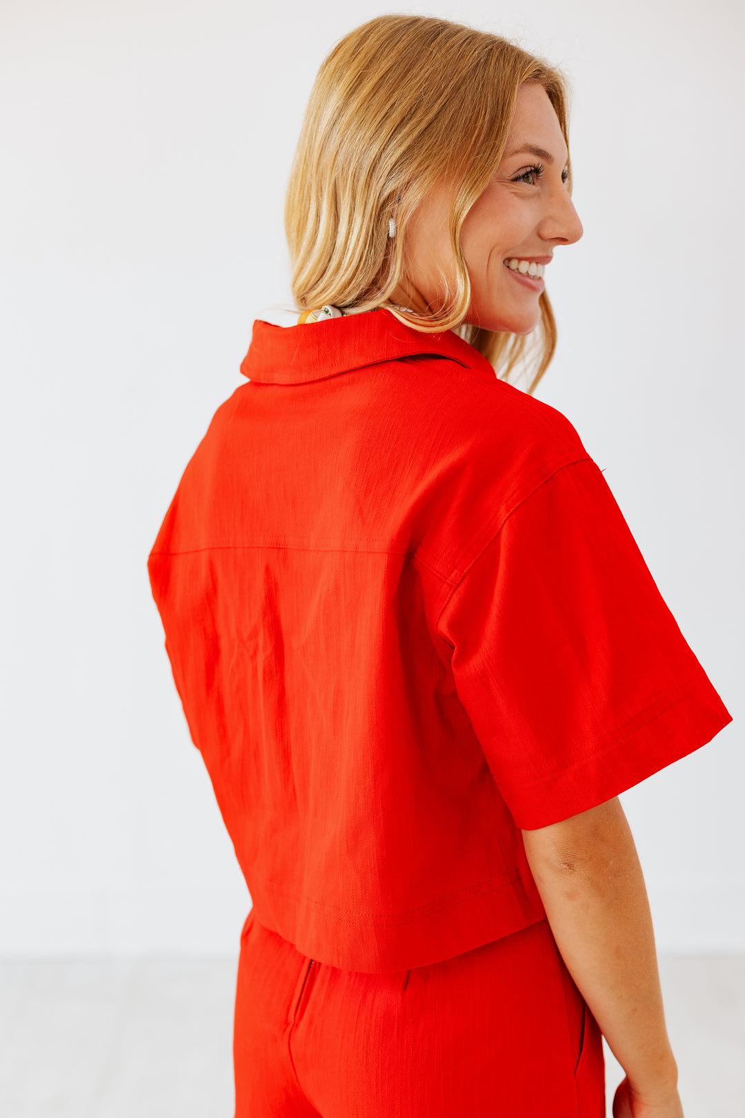 CHERRY RED DENIM POCKET TOP