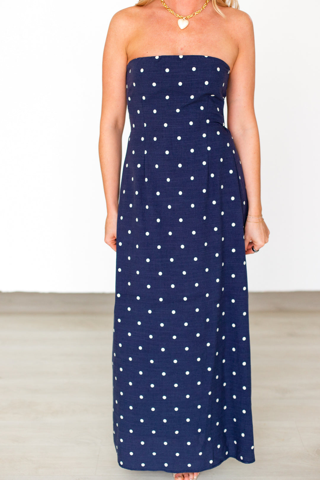 NAVY POLKA DOT LINEN MAXI DRESS