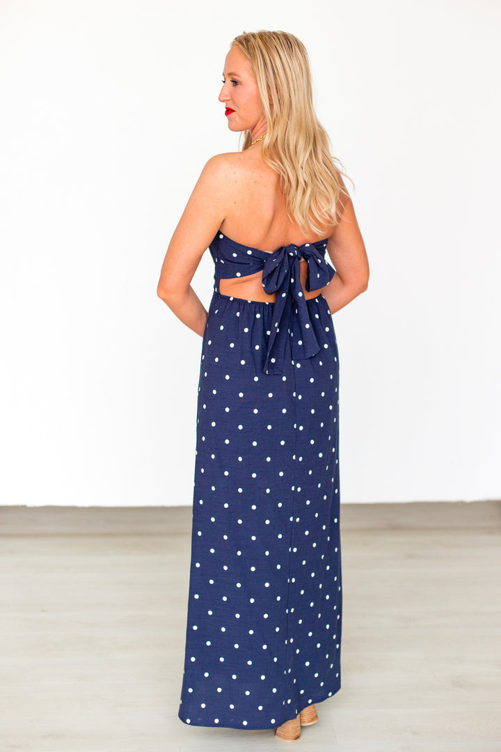 NAVY POLKA DOT LINEN MAXI DRESS