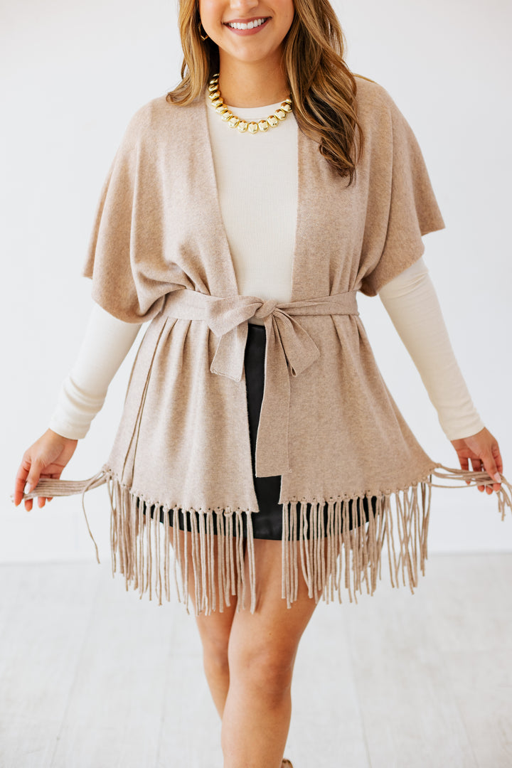 OATMEAL FRINGE TRIM WRAP CARDIGAN