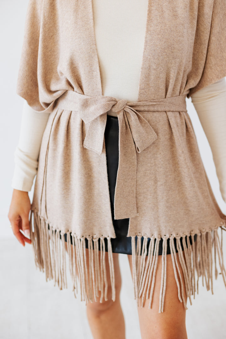OATMEAL FRINGE TRIM WRAP CARDIGAN