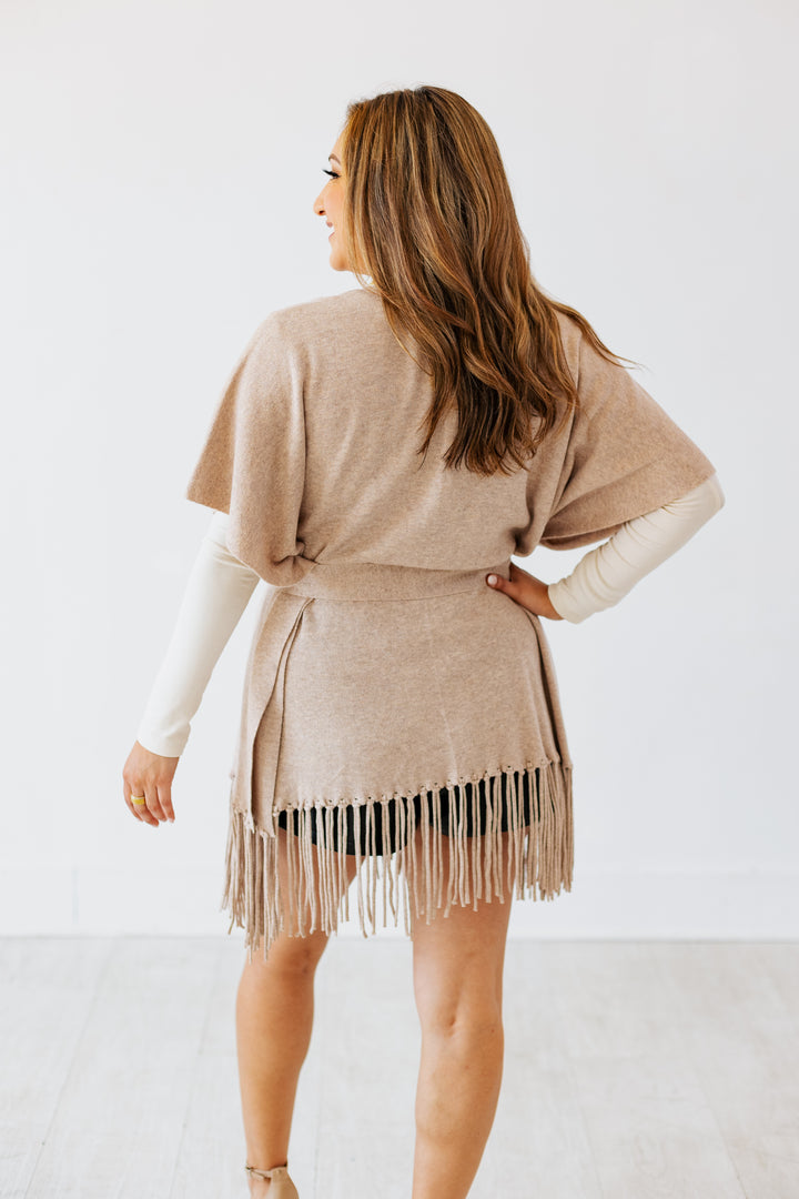 OATMEAL FRINGE TRIM WRAP CARDIGAN