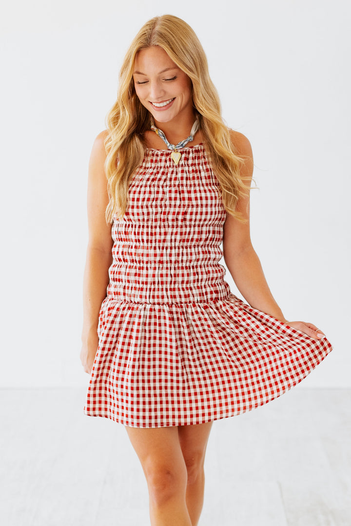 RED GINGHAM RUCHED FLARE MINI DRESS